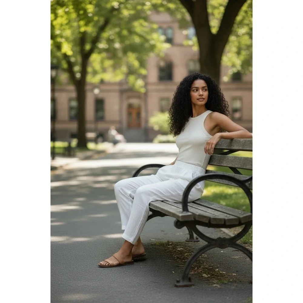 BABATON Size 8 White Cohen Linen Blend Crop Pleated Front & Elastic Pants NWOT